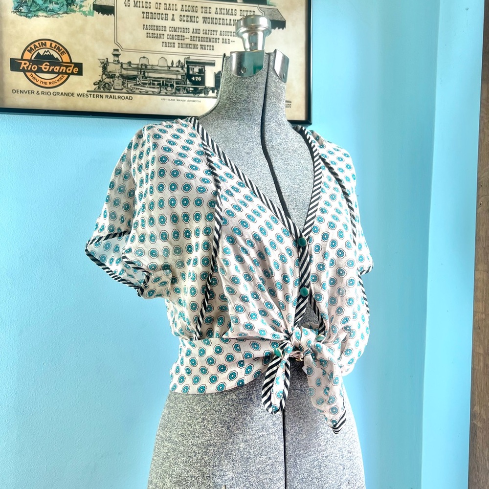 Juicy Couture V-Neck Button Down Sheer Silk Top - Teal & White